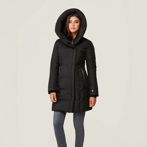 Soia & Kyo Camelia Heather Black Down Puffer Coat w/ leather trimming